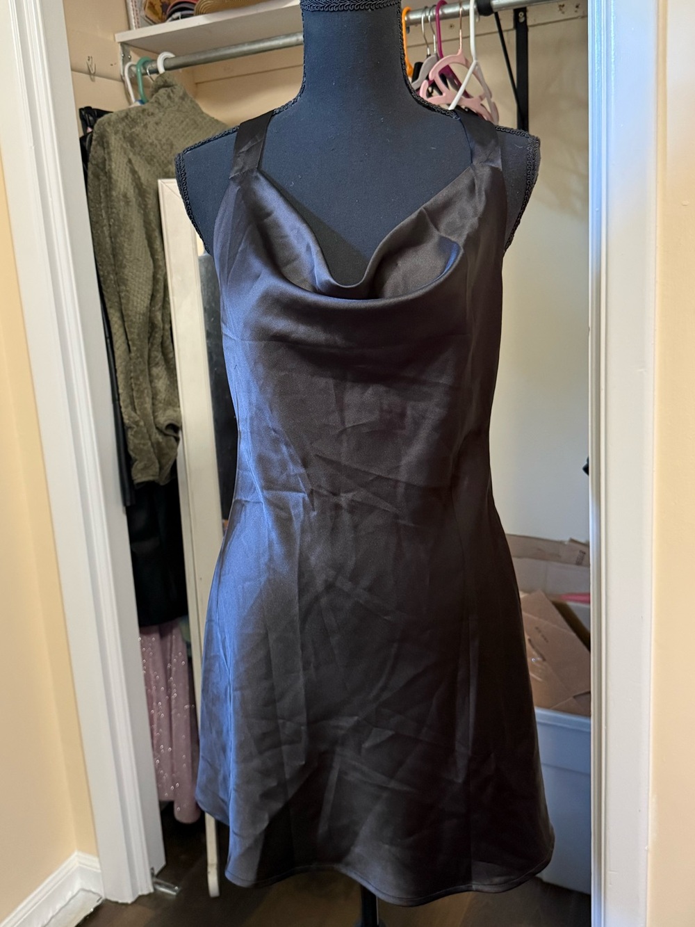 Satin Cowl Neck Mini Dress in Dark Brown
